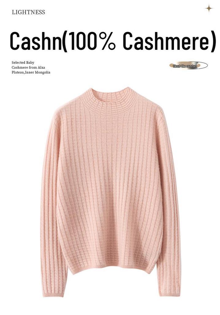 Women's Slimming Cashmere Plaid Pullover – Half-High Neck Knit Sweater