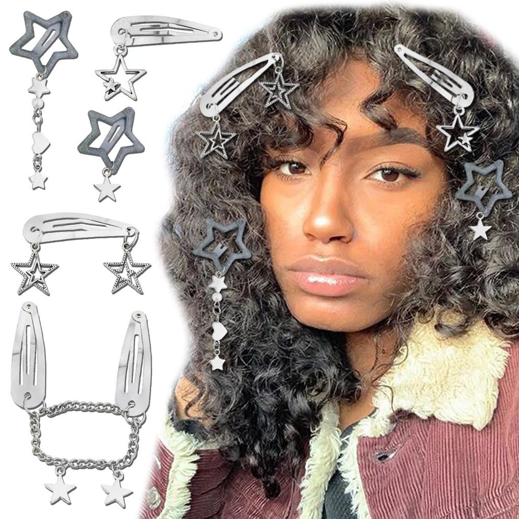 10Pcs/5Pcs Star Pendant Hair Clips Unique Pentagrams Barrettes for Women Hair Accessories Metal Chain Gothic Hair Pins