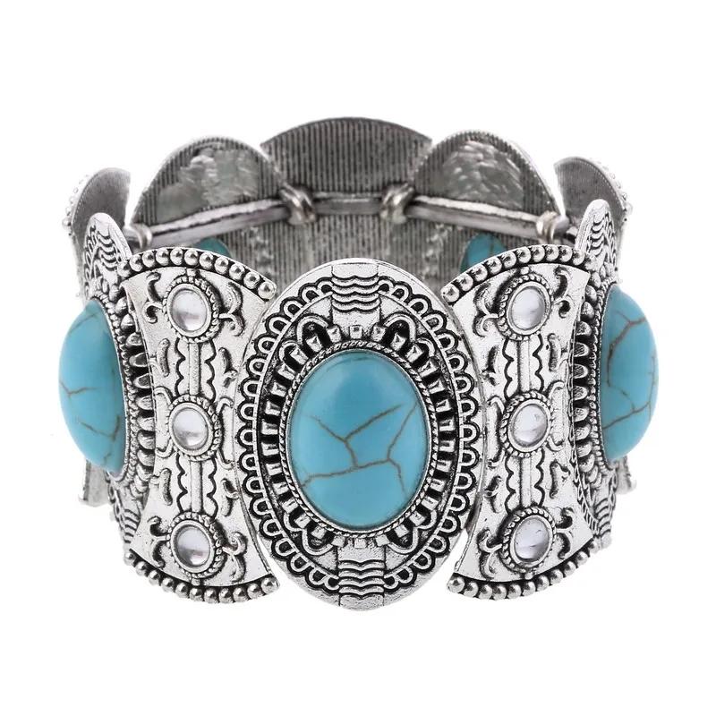 Vintage Boho Imitation Turquoises Elastic Bracelets Bangles for Women Ethnic Carved Silver Color Metal Bracelet Vacation Jewelry