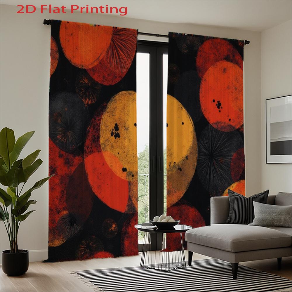 2D Flat   2pcs   2D Flat Printing Curtains   Abstract Circular Patterns   Dark Background Red Orange Yellow Printed Drapes with Rod