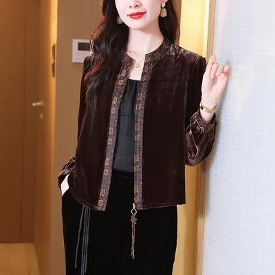 Women's Spring and Autumn Chinese Style Retro Round Neck Gold Velvet Cardigan Short Style Zipper Elegant Top