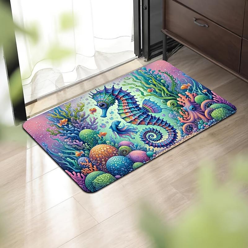 Underwater Seahorse Doormat, Ocean Theme Polyester Rug, Non-Slip Machine Washable Door Carpet for Bathroom Decor