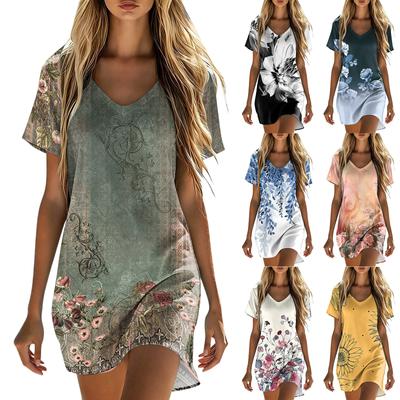 Womens Summer Casual V Neck Short Sleeve Floral Print Dress Lightweight Loose Fit Mini Dress for Daily Wear