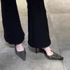 Fashion Baotou One-word Buckle Belt Rhinestone Sandals Women's Summer New Pointed Toe Shallow Mouth Stiletto Temperament High Heels