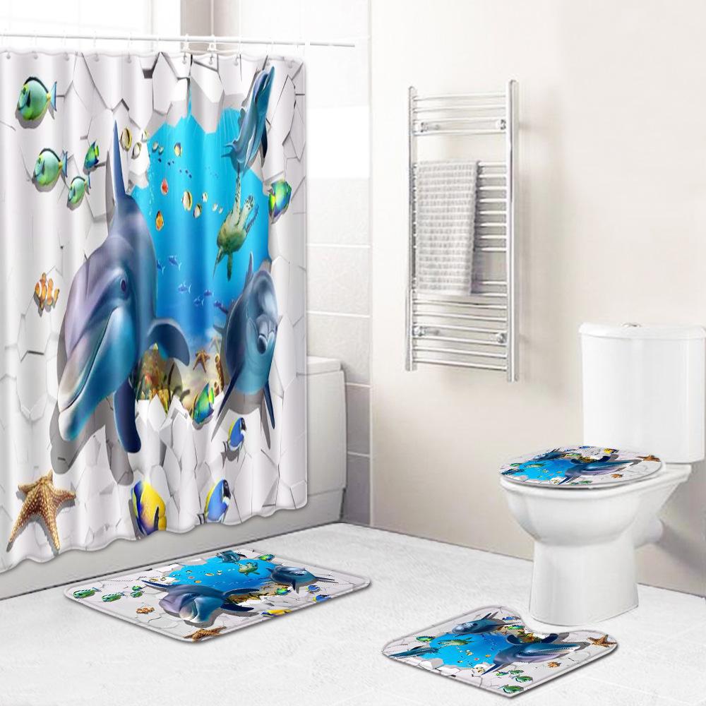 Fashion Sea World Dolphin Shower Curtain Set Bathroom Non-Slip Bath Mat Toilet Lid Cover Polyester Waterproof