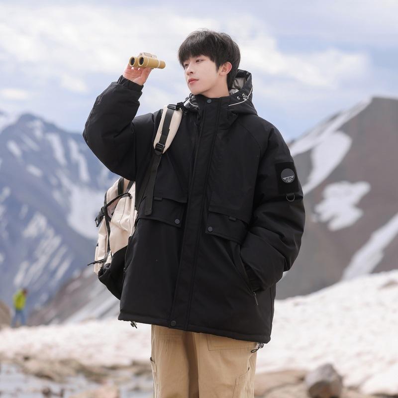 

2025 winter new Hong Kong-style couple down jacket, high street fashion, loose cargo jacket, outdoor wind-resistant men s trendy cotton clothes 3XL чёрный