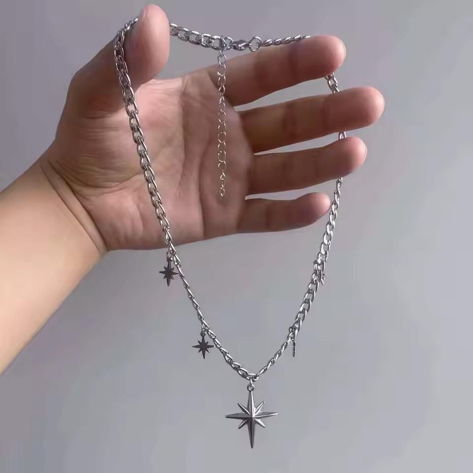Punk Rock Silver Color Cross Star Pendent Metal Chain Choker Necklaces Accessories For Women Man Y2K Personalized Grunge Jewelry