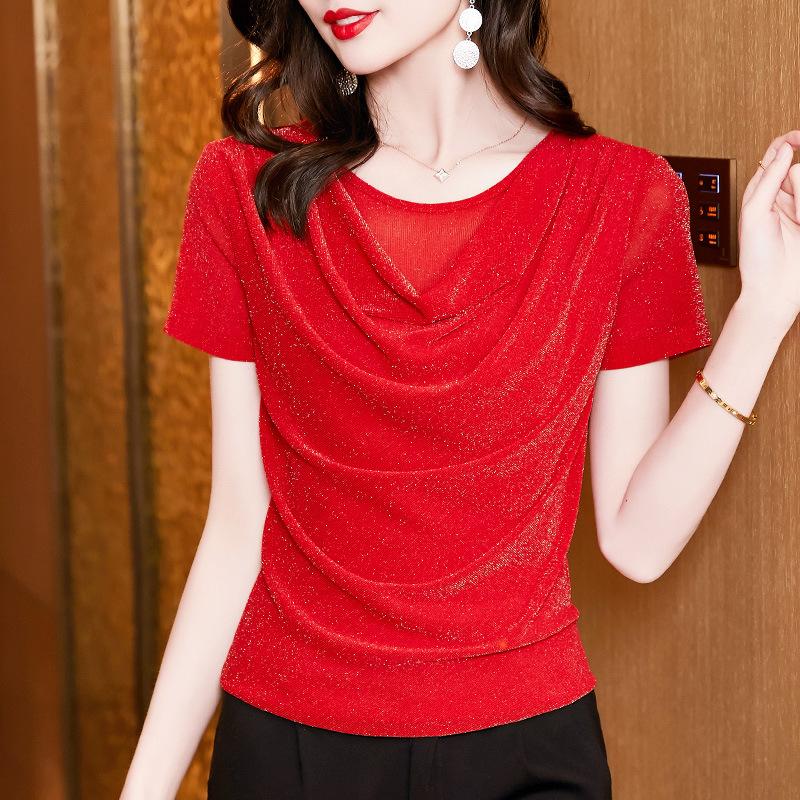 

Футболка с короткими рукавами, женское летнее платье, нестандартная яркая шелковая рубашка в иностранном стиле, маленький топ 3XL красный