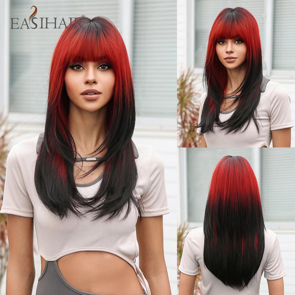 EASIHAIR Dark Brown Black Synthetic Wigs with Bangs Medium Straight Layered Natural Hairs for Women Daily Cosplay Heat Resistant