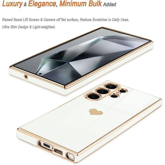 Coque Silicone - Samsung - Galaxy S24 Ultra - Blanc - Motif Cœur - Souple TPU avec 2 Verres Trempés