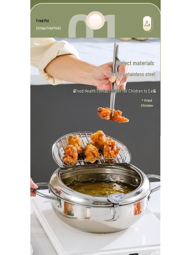 Japanese Stainless Steel Multi-Functional Tempura Frying Pot with Controllable Temperature & Double Handles