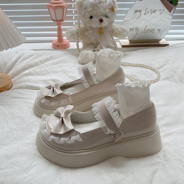 

Милые кружевные женские туфли Мэри Джейн на среднем каблуке, милые туфли Лолиты на платформе с бантом, женские нескользящие туфли Jk с круглым носком и толстой подошвой 35 бежевый