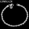 Fashion Charm 925 Silver Bracelet for Man Woman 4MM Twisted Rope Chain Fine Jewelry Wedding Party Christmas Gift
