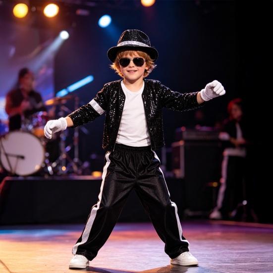 Kids 80s 90s Performance Costume, Black Sequin Jacket, Top, Trousers, Hat, Glasses, Gloves, 7 Piece Dance Party Outfits for Halloween, Stage