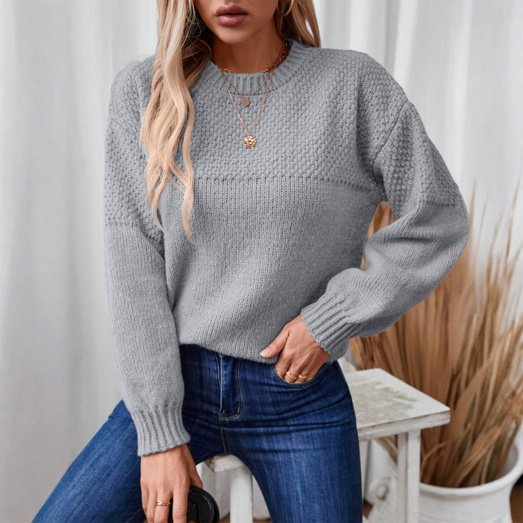 Women's Fashion Casual Loose Round Neck Pullover Knitted Long Sleeve Sweater