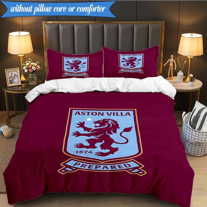 3PCS Aston Villa Football Club Printed Soft Bedding Set,Including 1pc Duvet Cover And 2pcs Pillowcases Perfect for Bedroom, Dormitory, Fan gift