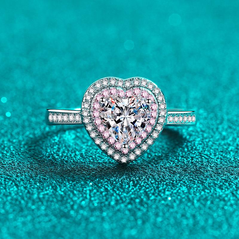 925 Sterling Silver Heart-to-Heart 1 Carat Moissanite Heart Ring for Women