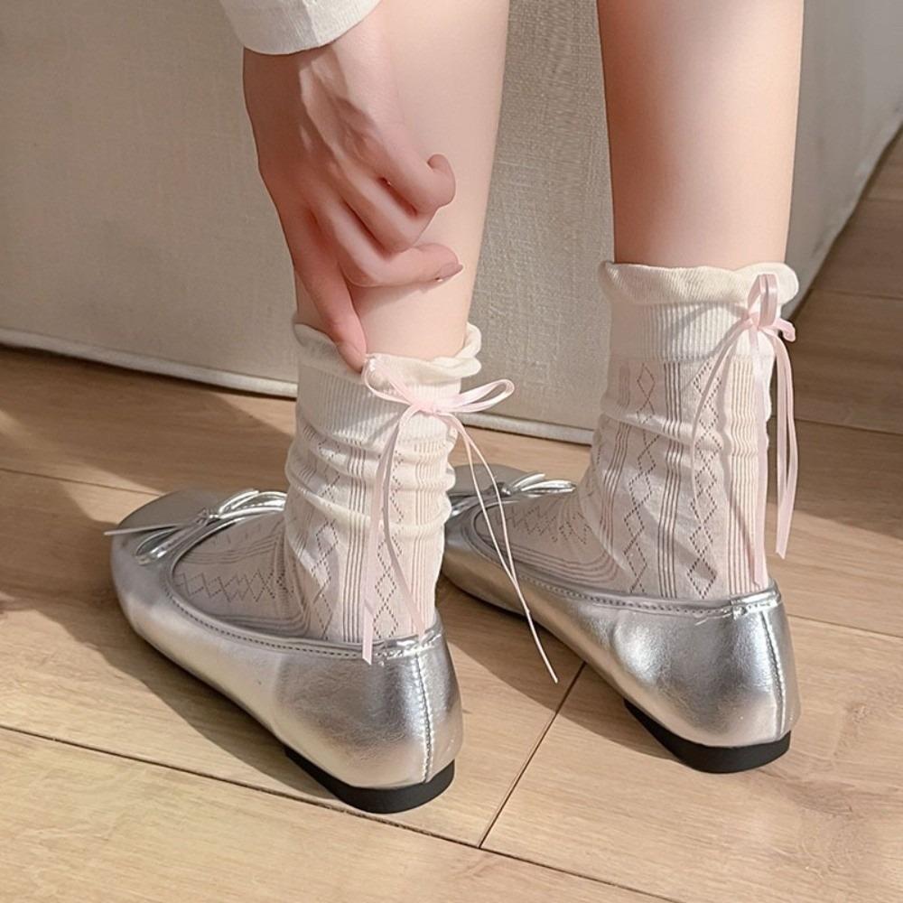 Solid Color Long Socks Breathable Bowknot Socks Soft Women's Socks  Summer