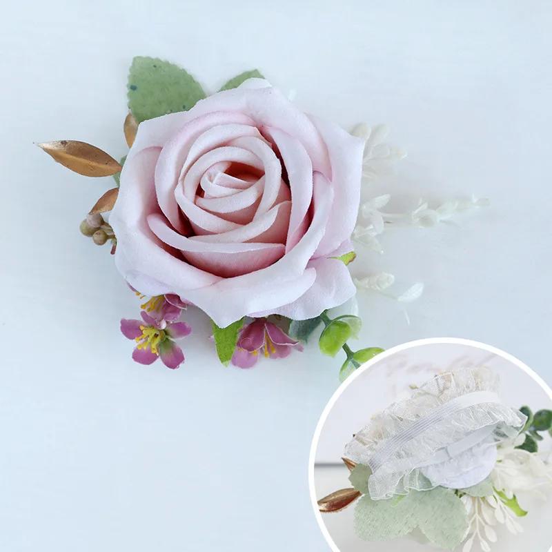 6pcs White Pink Corsage and Boutonniere Set Artificial Rose Wristlet Suit Flower for Men Wedding Party Prom Decoration