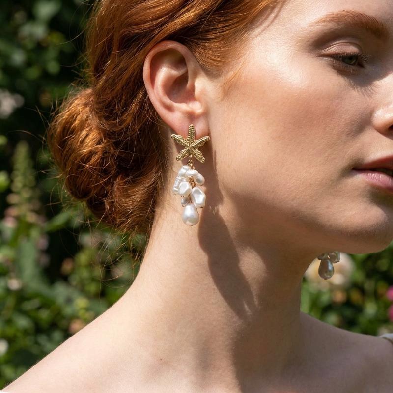 Bohemian Starfish Pearl Drop Earrings Vintage Gold Beach Jewelry For Women Summer Vacation Accessories