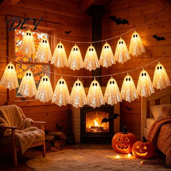 Easy Install Decorative Lighting Halloween Decoration String Lights, with Sequin Fabric Decor, Battery Operated Lightweight Hanging Ghost Party Lights