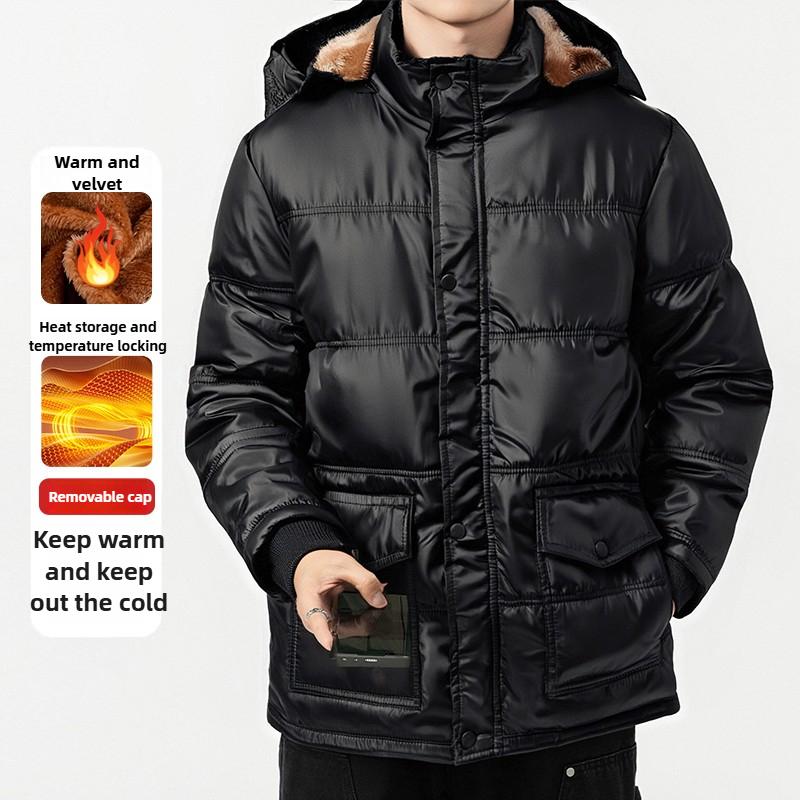 Winter New Cotton Jacket Men's Thickened Warm and Casual Anti Cold Imitation Lamb Fleece Hooded Work Jacket Men's Top