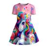 Girl Flower Unicorn Print T-shirt Dress, Pink Rainbow Casual Dress, Suitable for Children's Parties, Birthdays and Gifts