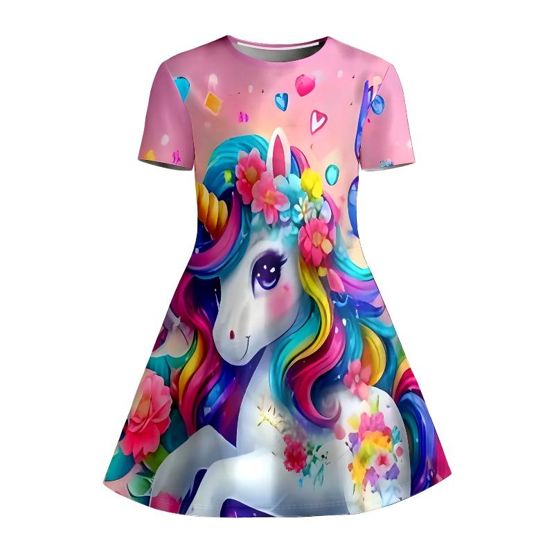 Girl Flower Unicorn Print T-shirt Dress, Pink Rainbow Casual Dress, Suitable for Children's Parties, Birthdays and Gifts