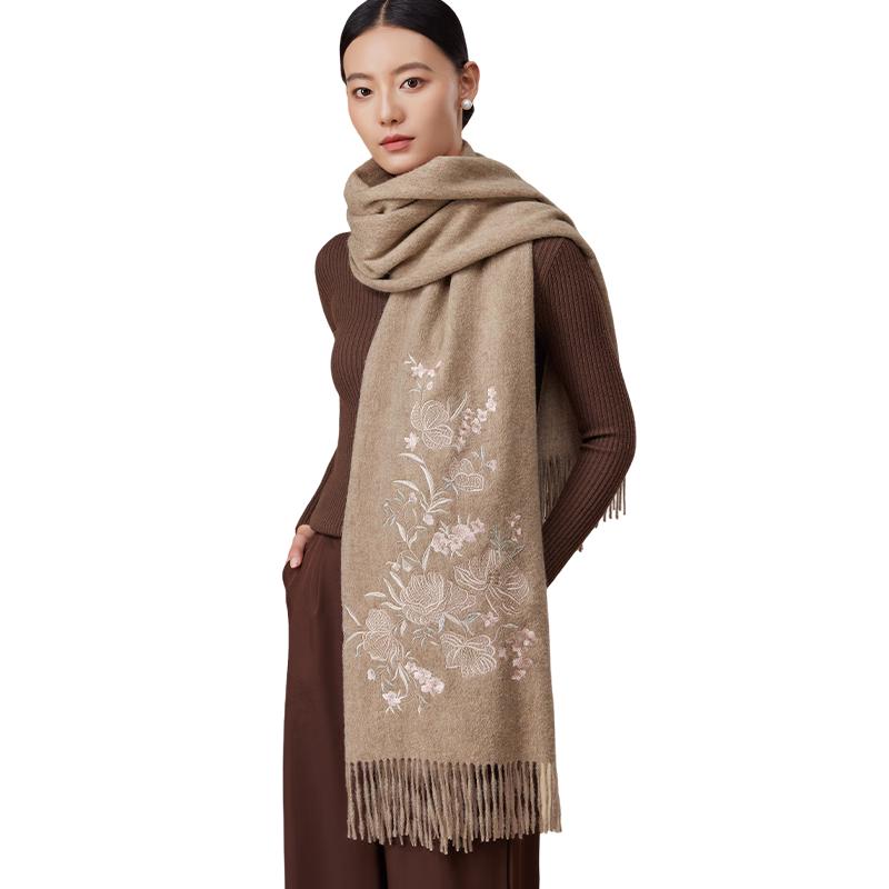 Shanghai Story Women's 100% Wool Embroidered Floral Shawl Scarf