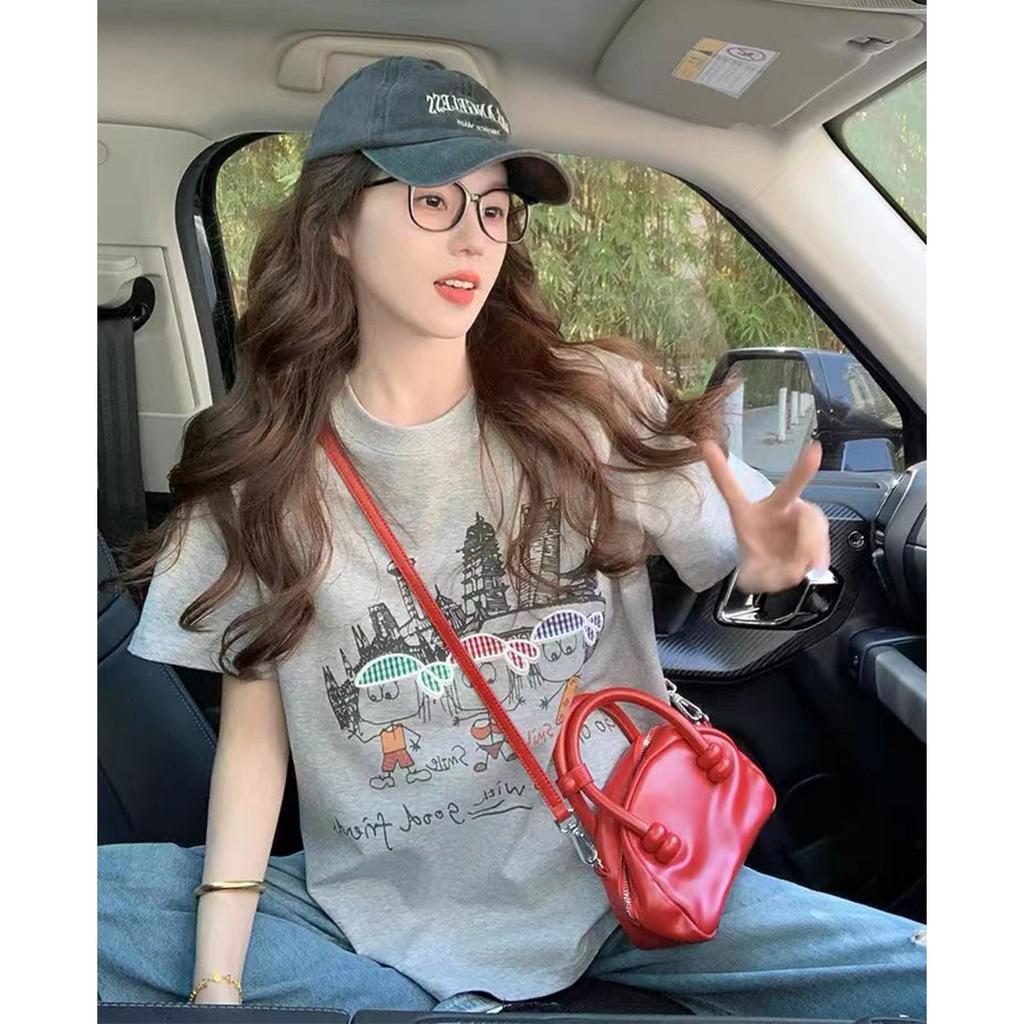 Fashionable, Casual, Versatile, Cute Cartoon Character Printed Loose Short Sleeved T-shirt