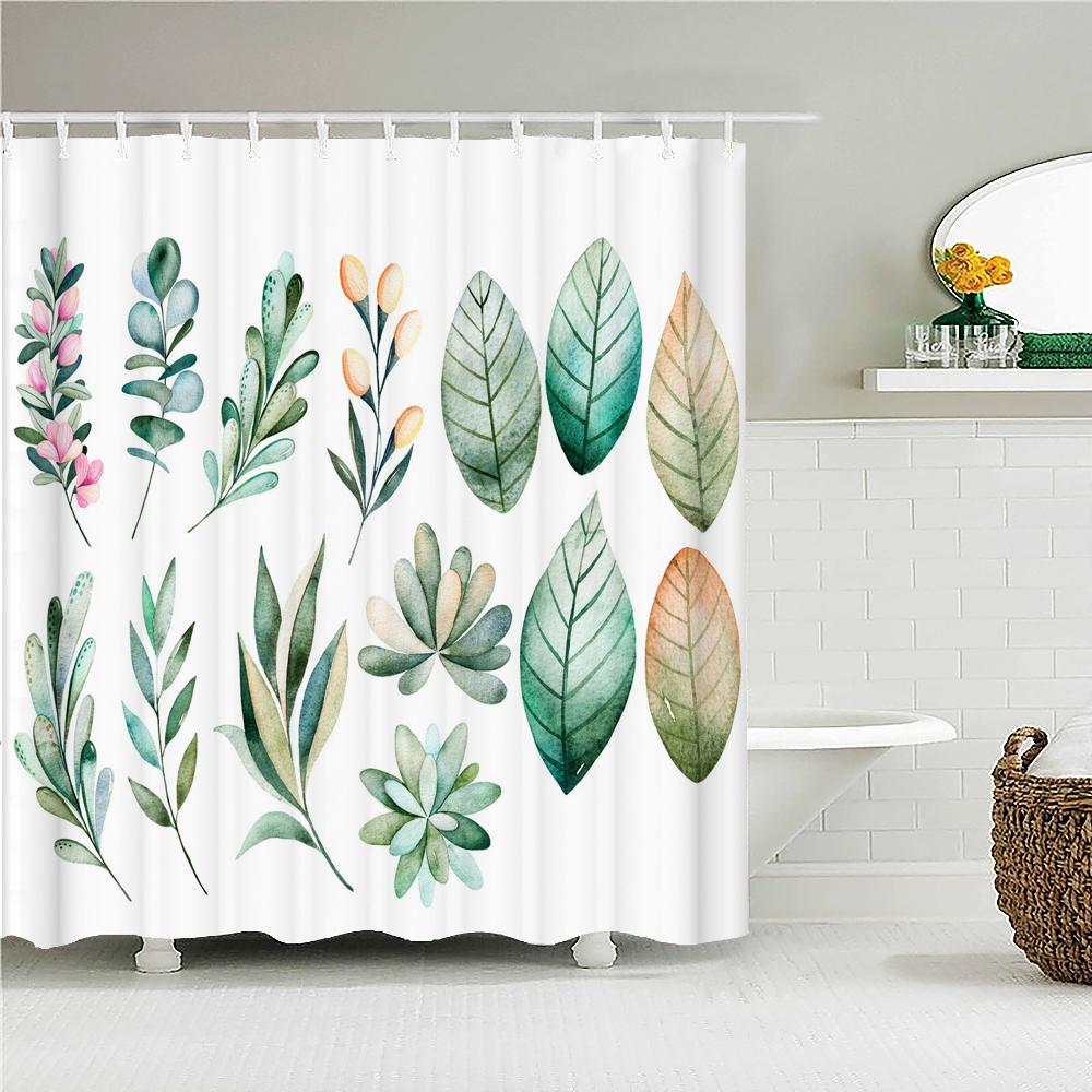 High Quality Leaves Fabric Shower Curtain Waterproof Plant Flower leaf Bath Curtains for Bathroom Decorate with Hooks