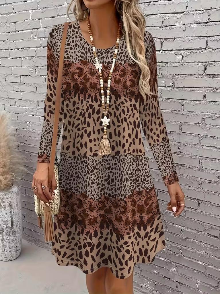 Women's Long Sleeved Round Neck Mini Dress, 3D Retro Geometric Pattern Printed Casual Vacation Style Dress Vestidos De Mujer