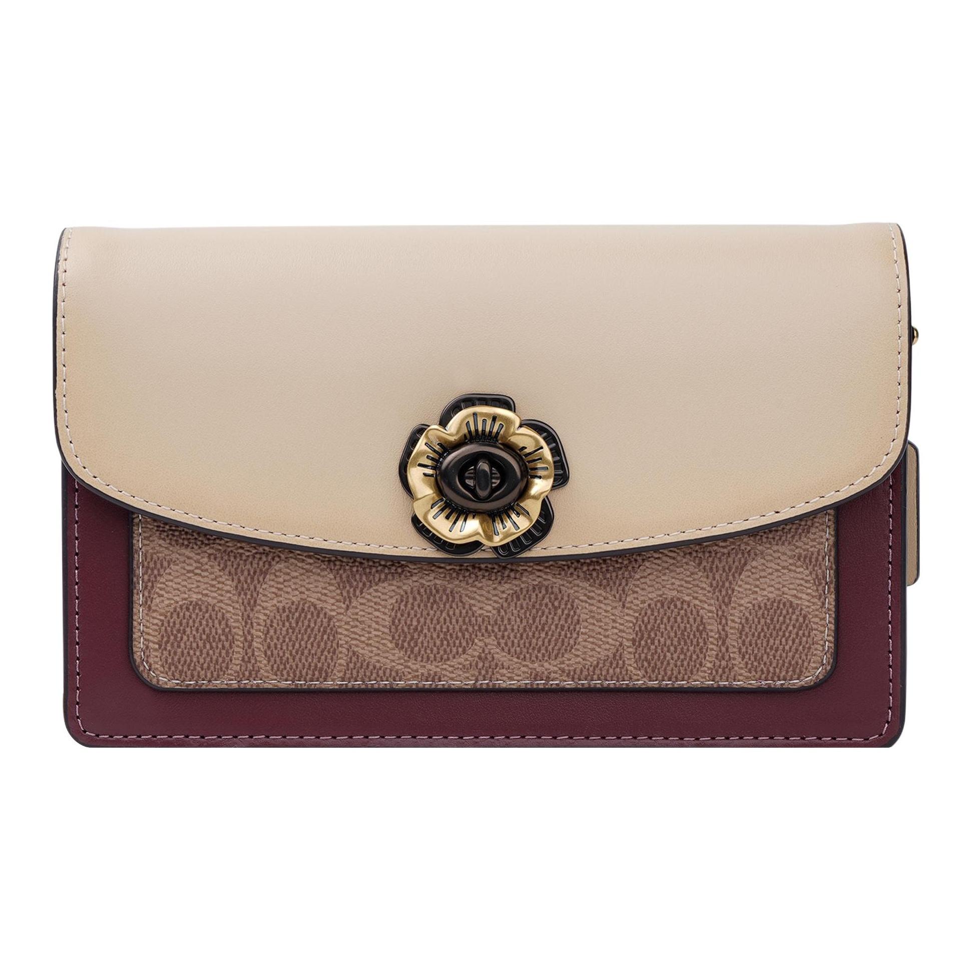 Coach Parker 18 Camellia Turnlock Color Block Signature Print Coated Canvas And Leather Chain Shoulder Bag Women Shoulder Bag 1680-B4QVB Basic Set (Bag+Dust Bag)