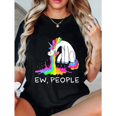 Einhorn T-Shirt Schwarz Regenbogen Einhorn Erbrechen Grafik Ew Leute Aufdruck Lässiges Sommeroberteil Damenmode Trendiges T-Shirt für Alltagsparty Ausflug