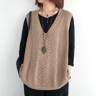 Colete de Tricô Retrô Decote V Tamanho Plus Feminino - Sem Mangas, Fino, Pulôver Solto para Primavera/Verão/Outono 2025