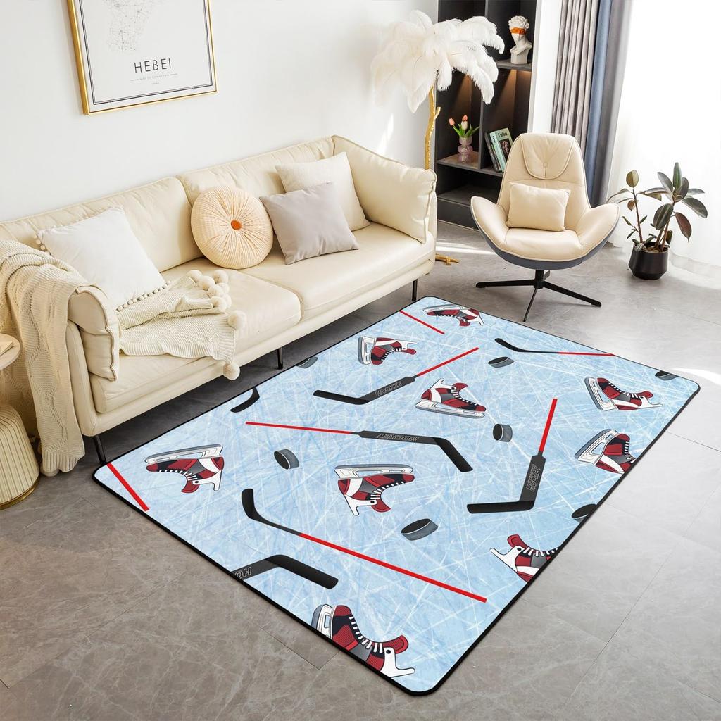 Soft Ice Hockey Carpet Rug for Boys Teens Winter Sport Indoor Floor Mat Bedroom Living Room Doormat