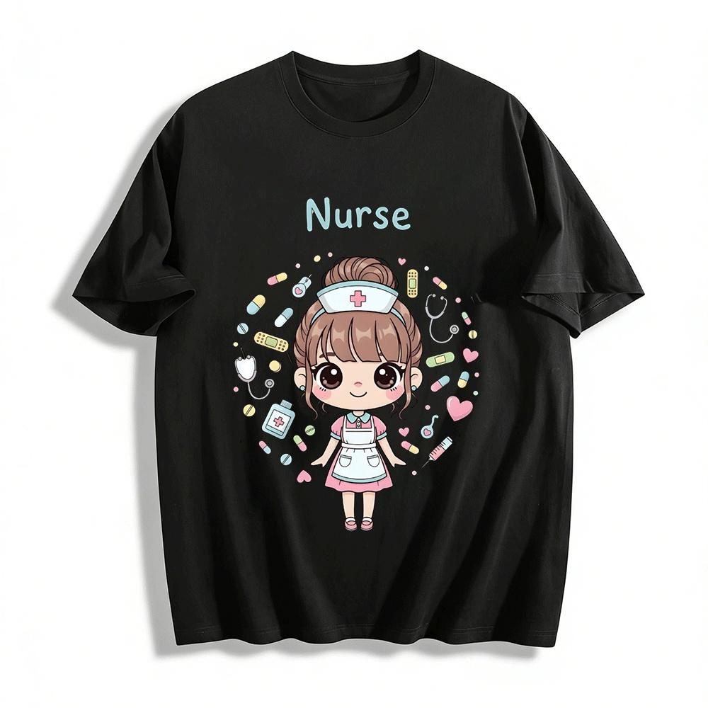 Cute Cartoon Nurse Print Casual Top Women s Medical Themed T-shirt Pure cotton T-shirt XXS