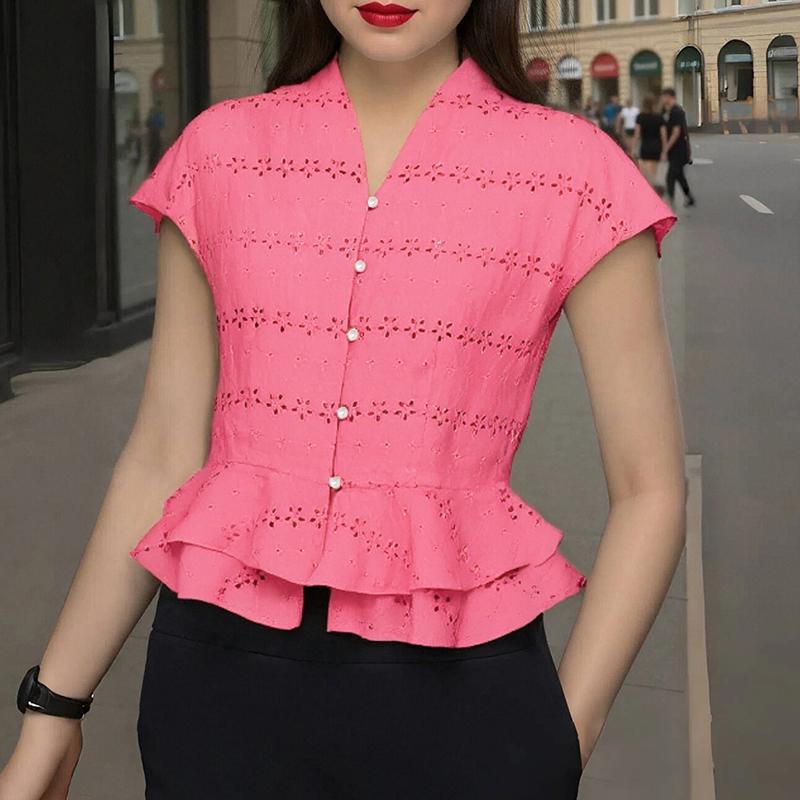 

ZANZEA Женская повседневная блузка с V-образным вырезом, коротким рукавом, ажурной вязкой и лоскутным узором 4XL