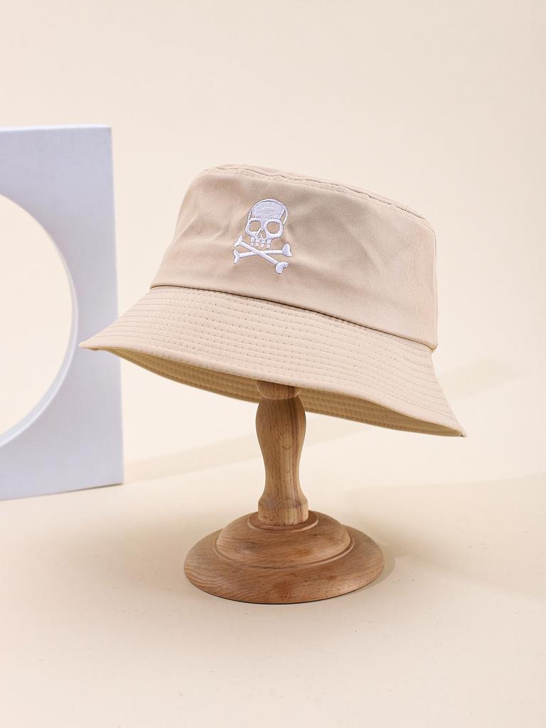 Unisex Black Embroidered Skull Fisherman Hat Korean Style Simple Single-Sided Bucket Hat for Women And Men Foldable Streetwear