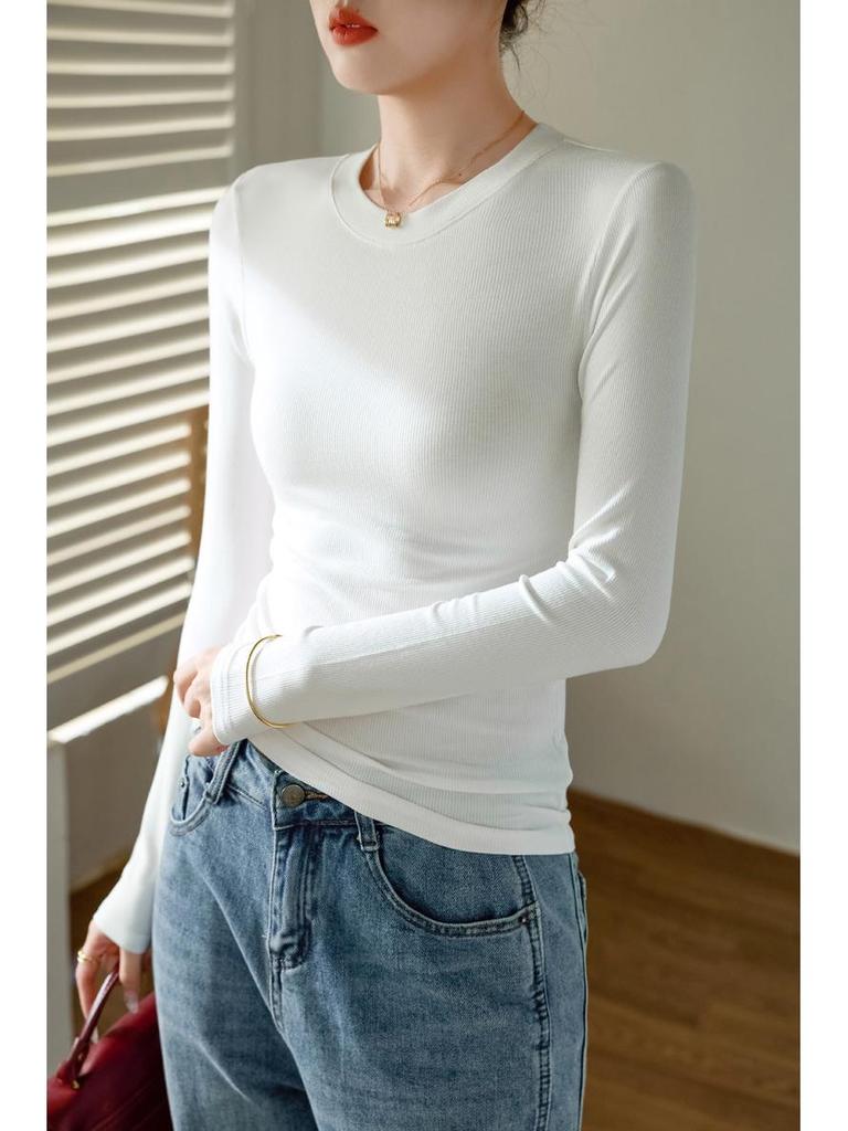 Women's High-Elastic Cotton Ribbed Crew Neck Long-Sleeve Base Layer Top - 2025 Autumn/Winter Collection