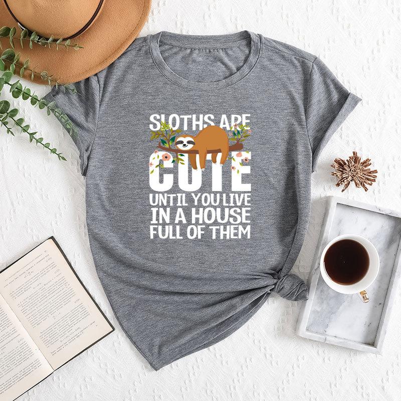 Summer Women's Fashionable Letter Sloth Short Sleeved Casual Loose Cotton Round Neck Top