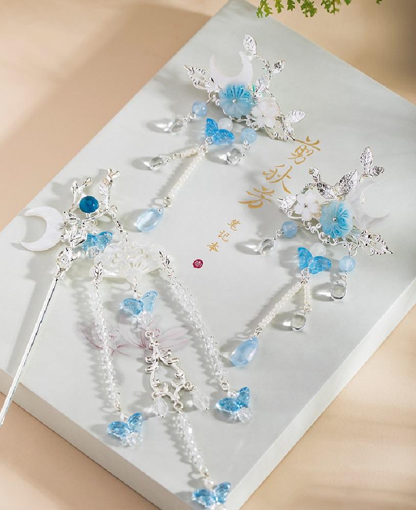 Moon Shaped Tassel Hairpin Chopstick CHinese Hanfu Hair Accessories Blue Flower Hair Clip Retro Girls Cheongsam Hair Bun Jewelry