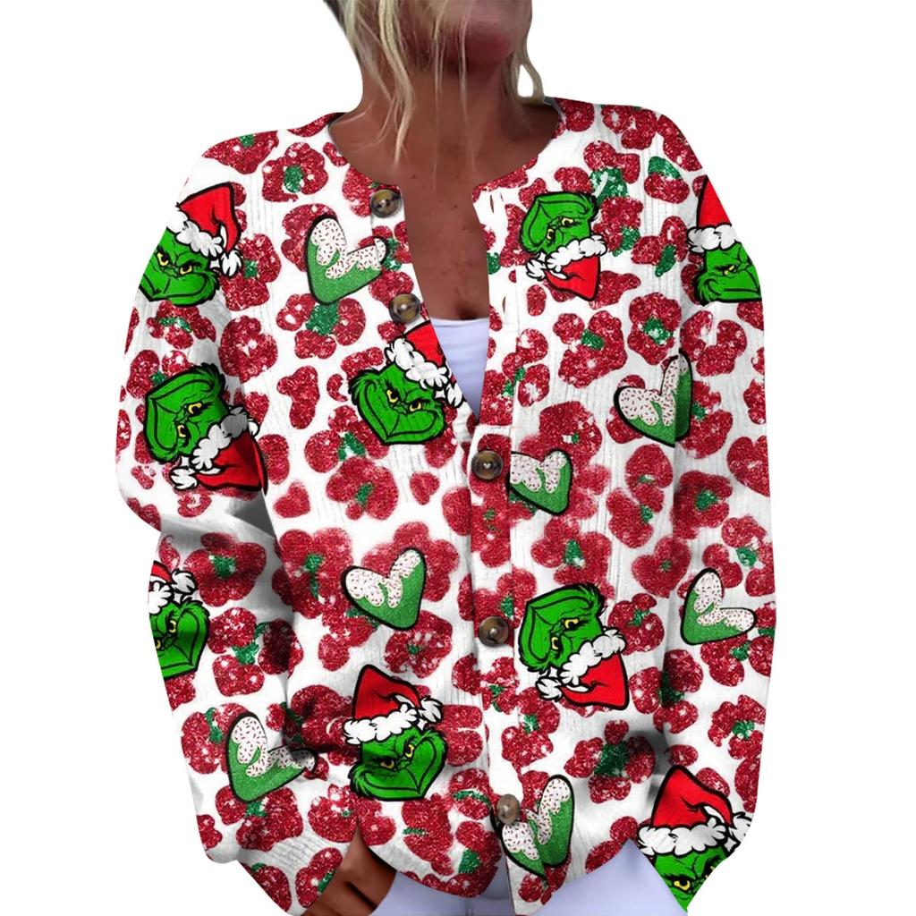 Women's Fashion Christmas Printed Long Sleeve Knitted Cardigan Button Down Jacket