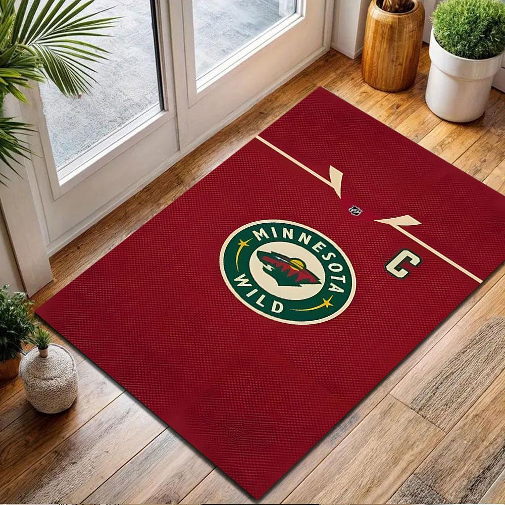 Minnesota Wild Team Logo On Red Background Patterned Carpet, Non Slip Mat Suitable for Living Room and Bedroom Sofas