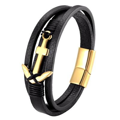Pulsera de cuero genuino de moda para hombre, pulseras de ancla multicapa, pulseras de acero inoxidable para mujer, joyería clásica para hombre