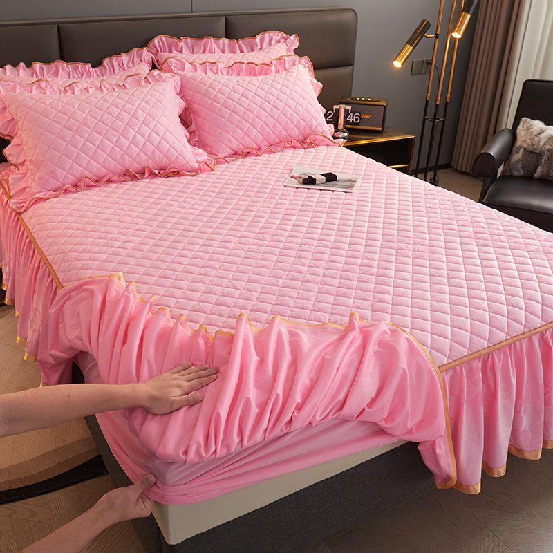Plush Cotton Bed Sheet with Skirt Edge Thickened Warm Dustproof Fully Wrapped Bed Skirt Winter Protective Cover Bed Cover