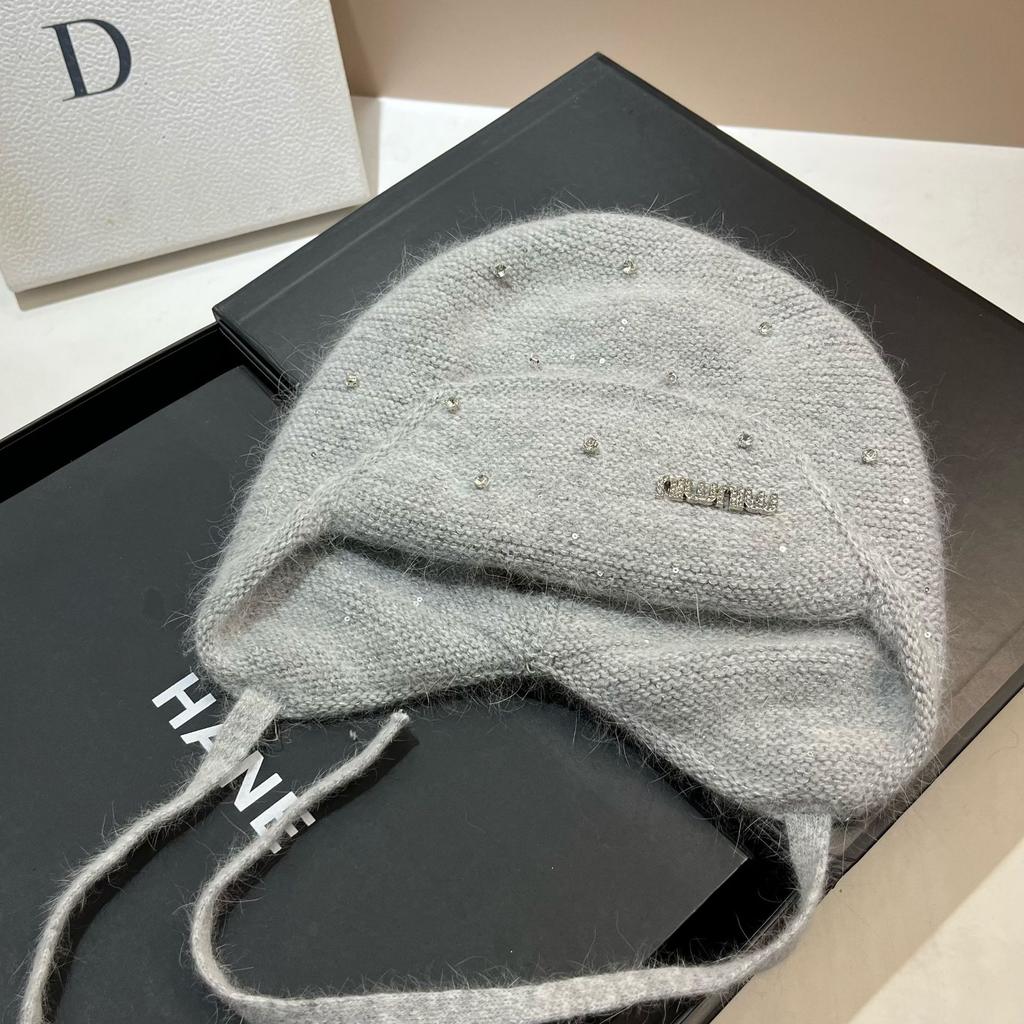 Light Luxury Rhinestone Min Rabbit Hair Knitted Hat Winter Outdoor Double-Layer Thermal Ear Protection Hat Celebrity Style Bag Head Hat