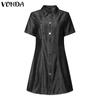 VONDA Women Elegant Short Sleeve Stitching Buttons Up Casual Mini Dress
