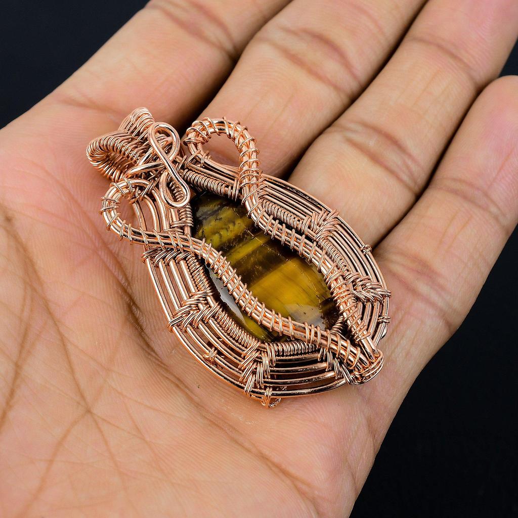 Tiger Eye Pendant, Handmade Gemstone 999 Copper Wire Wrapped Pendant Antique Jewelry, For Gift Silver Jewelry