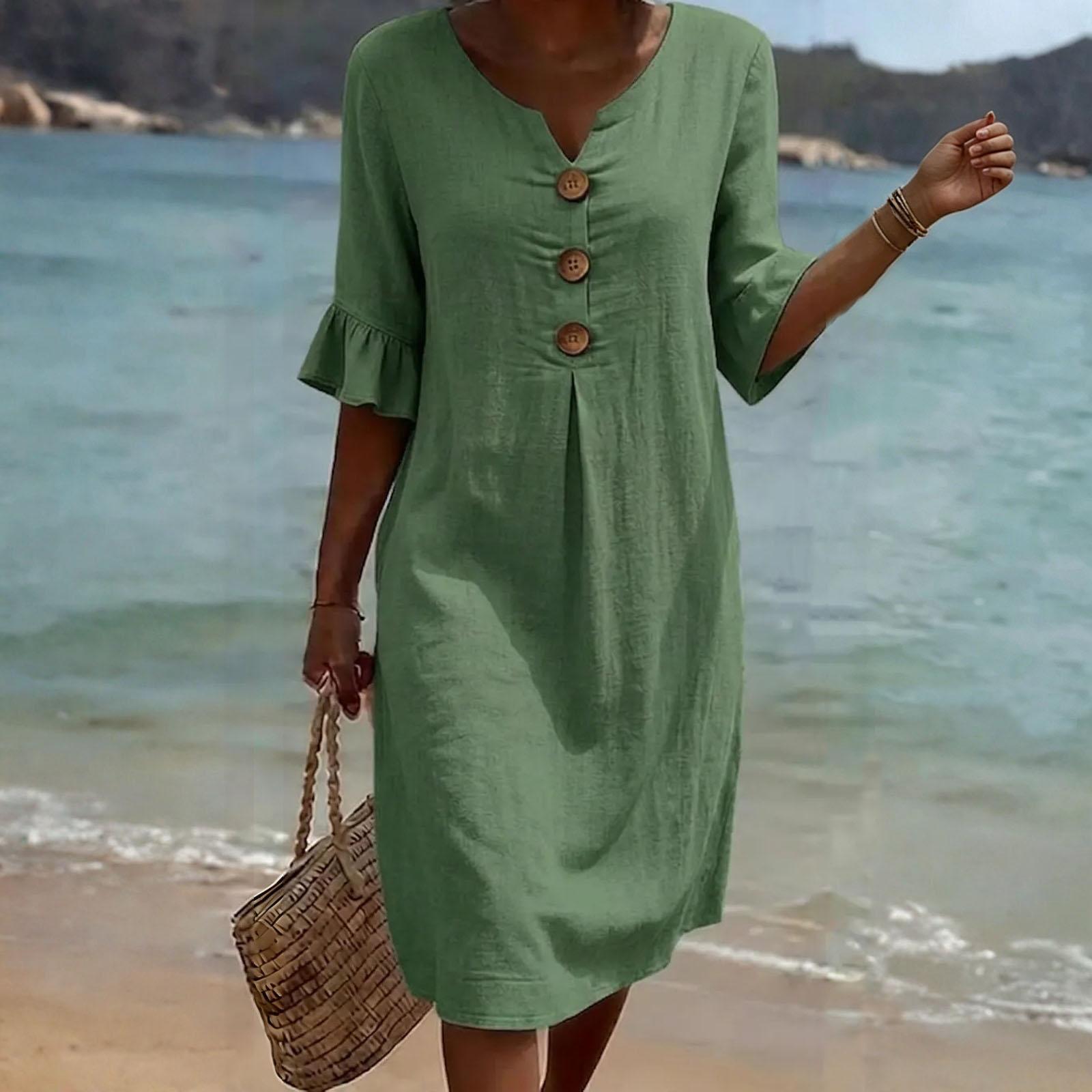 Women s Fashion Summer -Color Casual Cotton-Linen Dress XXL